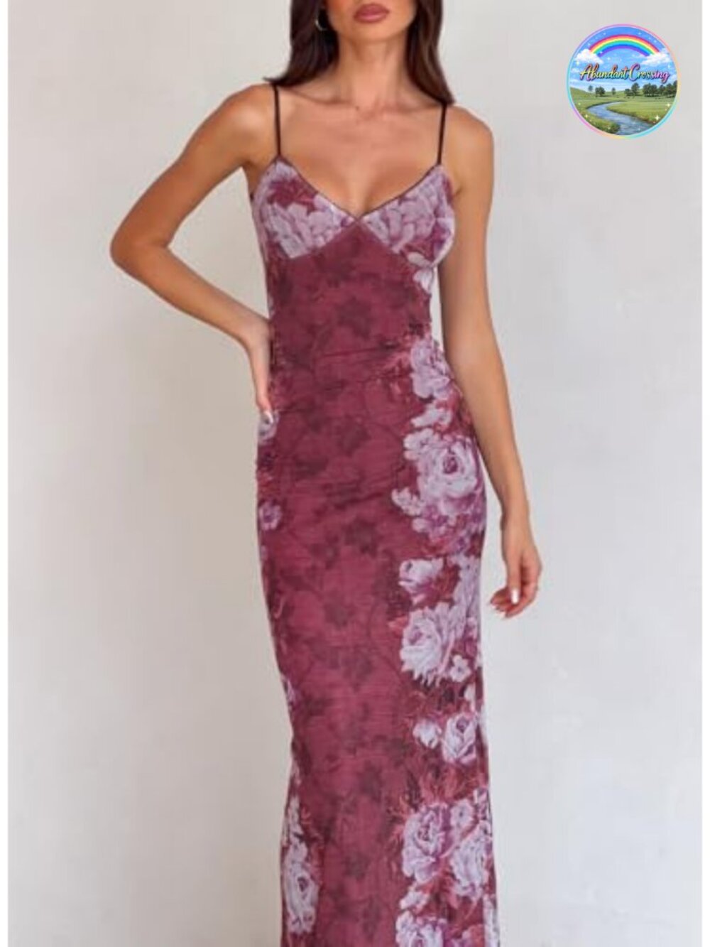 Women Vintage Spaghetti Strap Satin Maxi Dress Backless Floral Slip Bodycon - Picture 5 of 6